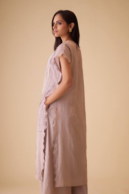 Bunka Beige Cotton Lace Round Neck Delna Designer Kurta Online at Aza Fashions Bunka_Beige Cotton Lace Round Neck Delna Designer Kurta _Online_at_Aza_Fashions