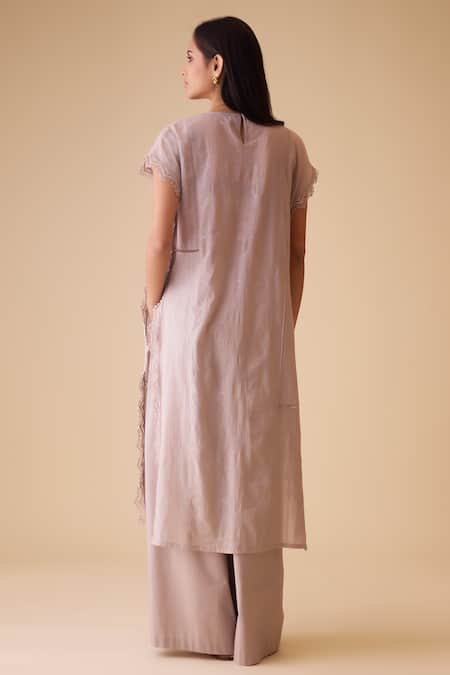 Shop Bunka Beige Cotton Lace Round Neck Delna Designer Kurta at Aza Fashions Shop_Bunka_Beige Cotton Lace Round Neck Delna Designer Kurta _at_Aza_Fashions