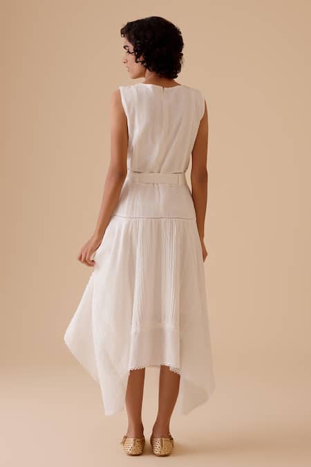 Shop Bunka White Cotton Round Neck Ivory Designer Midi Dress With Belt at Aza Fashions Shop_Bunka_White Cotton Round Neck Ivory Designer Midi Dress With Belt _at_Aza_Fashions