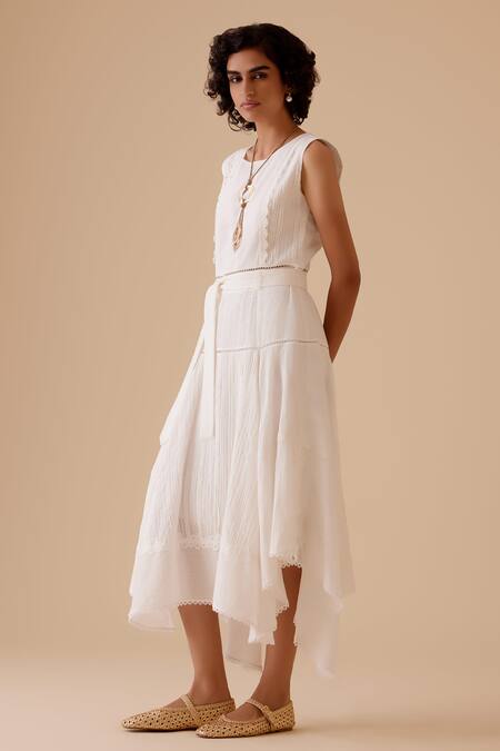 Bunka White Cotton Round Neck Ivory Designer Midi Dress With Belt Online at Aza Fashions Bunka_White Cotton Round Neck Ivory Designer Midi Dress With Belt _Online_at_Aza_Fashions