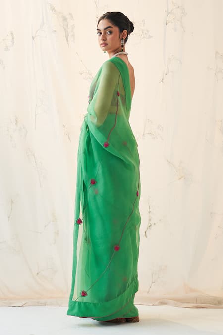 Janki India Emerald Green Organza Saree Set 