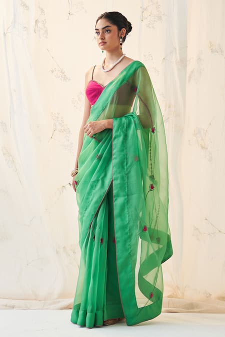 JANKI INDIA Emerald Green Organza Saree Set 