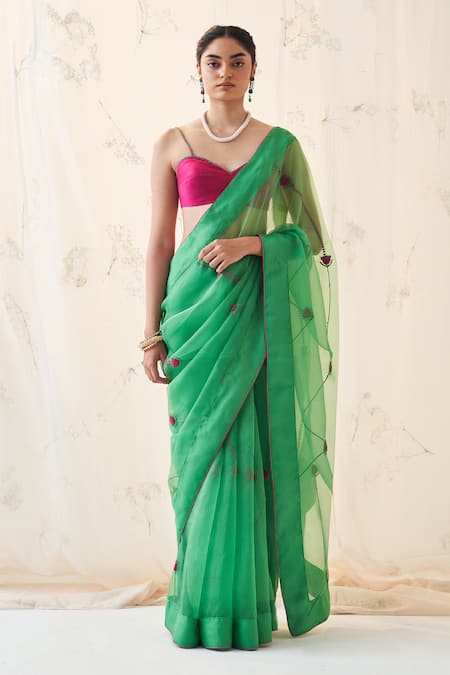Janki India Emerald Green Organza, Chanderi, Cotton Embroidery Sweetheart Neck Saree Set Online at Aza Fashions Janki India_Emerald Green Organza, Chanderi, Cotton Embroidery Sweetheart Neck Saree Set _Online_at_Aza_Fashions