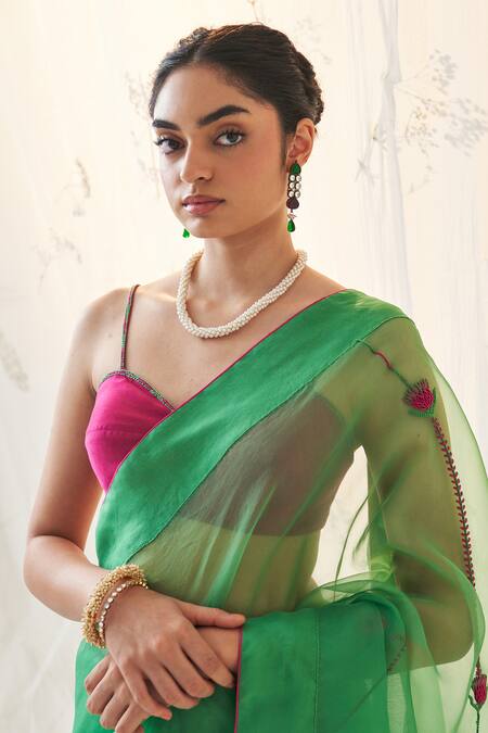 Shop Janki India Emerald Green Organza, Chanderi, Cotton Embroidery Sweetheart Neck Saree Set Online at Aza Fashions Shop_Janki India_Emerald Green Organza, Chanderi, Cotton Embroidery Sweetheart Neck Saree Set _Online_at_Aza_Fashions