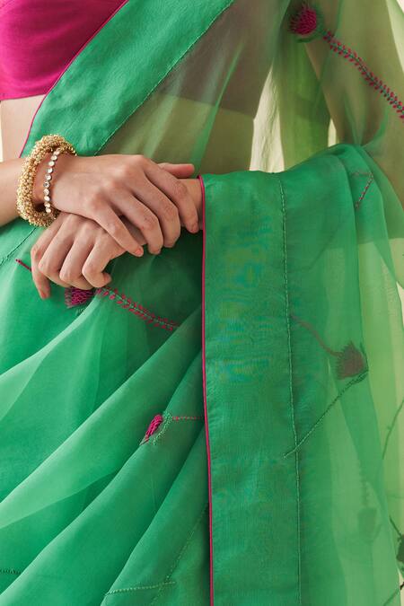 Janki India Emerald Green Organza, Chanderi, Cotton Embroidery Sweetheart Neck Saree Set at Aza Fashions Janki India_Emerald Green Organza, Chanderi, Cotton Embroidery Sweetheart Neck Saree Set _at_Aza_Fashions