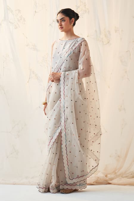 Janki India Ivory Organza, Chanderi, Cotton Embroidery Round Neck Saree Set With Blouse Online at Aza Fashions Janki India_Ivory Organza, Chanderi, Cotton Embroidery Round Neck Saree Set With Blouse _Online_at_Aza_Fashions