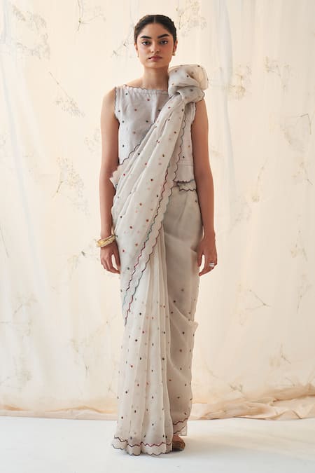 Janki India Ivory Organza, Chanderi, Cotton Embroidery Round Neck Saree Set With Blouse at Aza Fashions Janki India_Ivory Organza, Chanderi, Cotton Embroidery Round Neck Saree Set With Blouse _at_Aza_Fashions