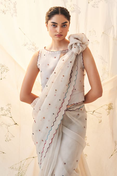 Buy Janki India Ivory Organza, Chanderi, Cotton Embroidery Round Neck Saree Set With Blouse Buy_Janki India_Ivory Organza, Chanderi, Cotton Embroidery Round Neck Saree Set With Blouse