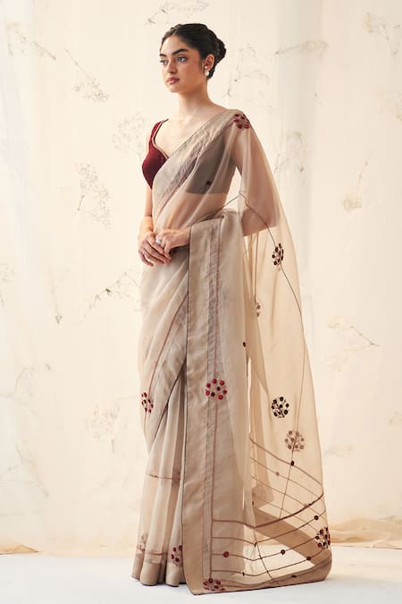 Janki India_Gold Organza, Chanderi, Cotton Embroidery Round Champagne Saree With Blouse _Online_at_Aza_Fashions