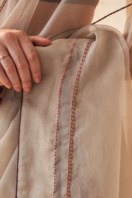 Buy_Janki India_Gold Organza, Chanderi, Cotton Embroidery Round Champagne Saree With Blouse _Online_at_Aza_Fashions