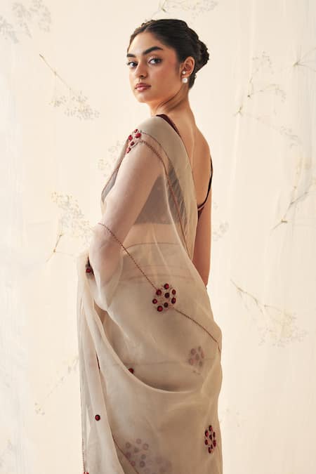 Shop_Janki India_Gold Organza, Chanderi, Cotton Embroidery Round Champagne Saree With Blouse _Online_at_Aza_Fashions