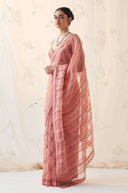Buy_Janki India_Peach Organza, Chanderi, Cotton Embroidery Round Neck Saree With Blouse _Online_at_Aza_Fashions