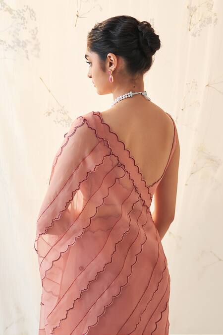 Shop_Janki India_Peach Organza, Chanderi, Cotton Embroidery Round Neck Saree With Blouse _Online_at_Aza_Fashions