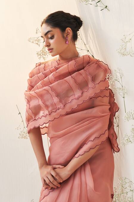 Janki India_Peach Organza, Chanderi, Cotton Embroidery Round Neck Saree With Blouse _at_Aza_Fashions