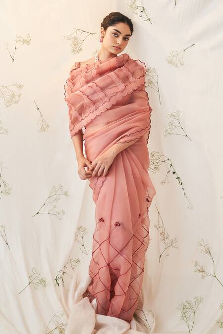 Buy_Janki India_Peach Organza, Chanderi, Cotton Embroidery Round Neck Saree With Blouse 