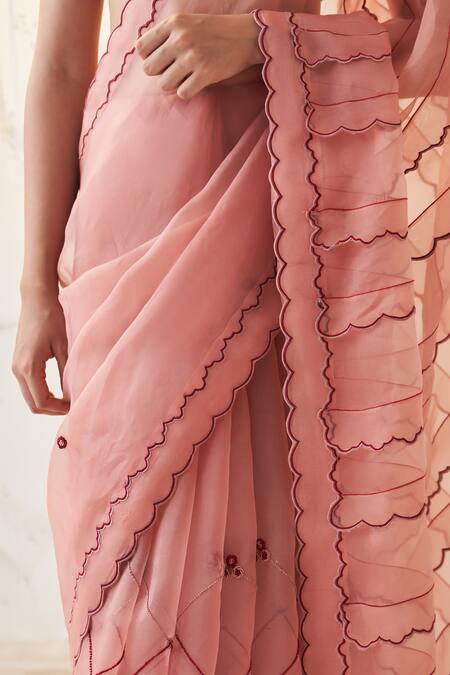 Shop_Janki India_Peach Organza, Chanderi, Cotton Embroidery Round Neck Saree With Blouse 