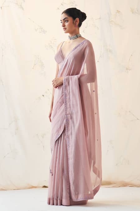 Janki India_Lavender Chanderi, Organza, Cotton Embroidery Round Neck Saree With Blouse _Online_at_Aza_Fashions