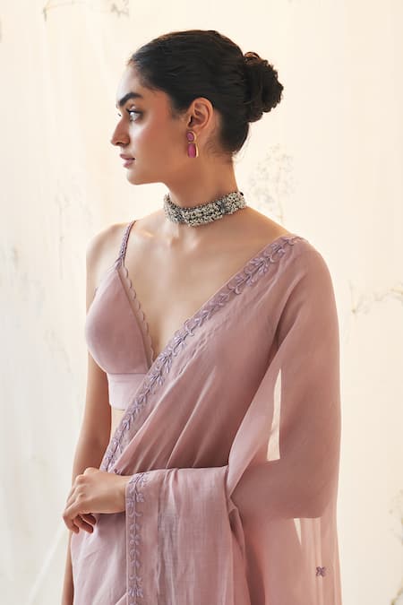 Buy_Janki India_Lavender Chanderi, Organza, Cotton Embroidery Round Neck Saree With Blouse _Online_at_Aza_Fashions