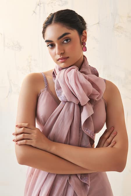 Shop_Janki India_Lavender Chanderi, Organza, Cotton Embroidery Round Neck Saree With Blouse _Online_at_Aza_Fashions