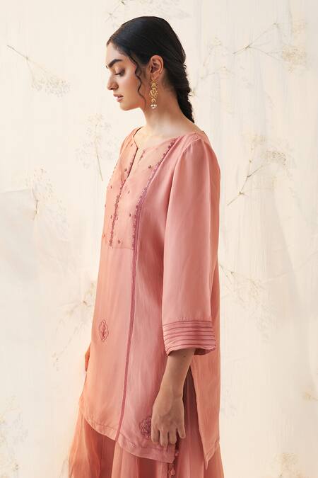 Buy Janki India Peach Chiffon, Organza Embroidery Split V-neck Kurta Sharara Set Online at Aza Fashions Buy_Janki India_Peach Chiffon, Organza Embroidery Split V-neck Kurta Sharara Set _Online_at_Aza_Fashions