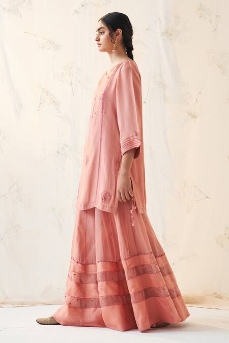 Shop Janki India Peach Chiffon, Organza Embroidery Split V-neck Kurta Sharara Set Online at Aza Fashions Shop_Janki India_Peach Chiffon, Organza Embroidery Split V-neck Kurta Sharara Set _Online_at_Aza_Fashions