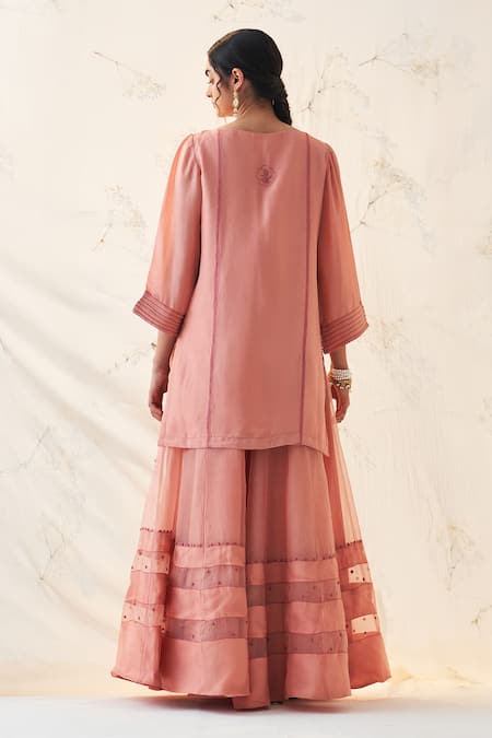 Shop Janki India Peach Chiffon, Organza Embroidery Split V-neck Kurta Sharara Set at Aza Fashions Shop_Janki India_Peach Chiffon, Organza Embroidery Split V-neck Kurta Sharara Set _at_Aza_Fashions