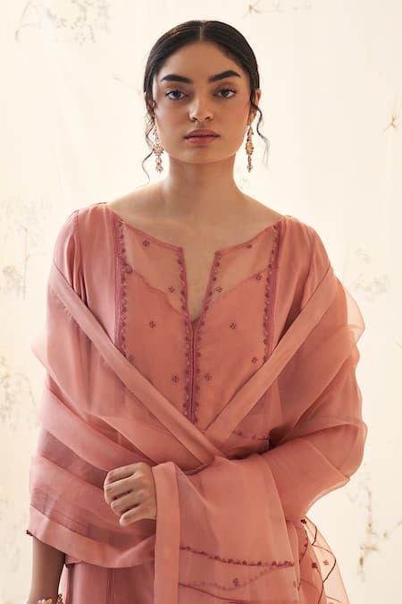 Janki India Peach Chiffon, Organza Embroidery Split V-neck Kurta Sharara Set at Aza Fashions Janki India_Peach Chiffon, Organza Embroidery Split V-neck Kurta Sharara Set _at_Aza_Fashions