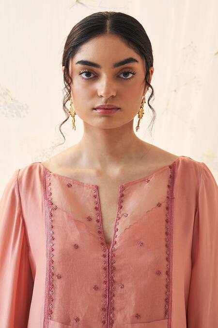 Buy Janki India Peach Chiffon, Organza Embroidery Split V-neck Kurta Sharara Set Buy_Janki India_Peach Chiffon, Organza Embroidery Split V-neck Kurta Sharara Set