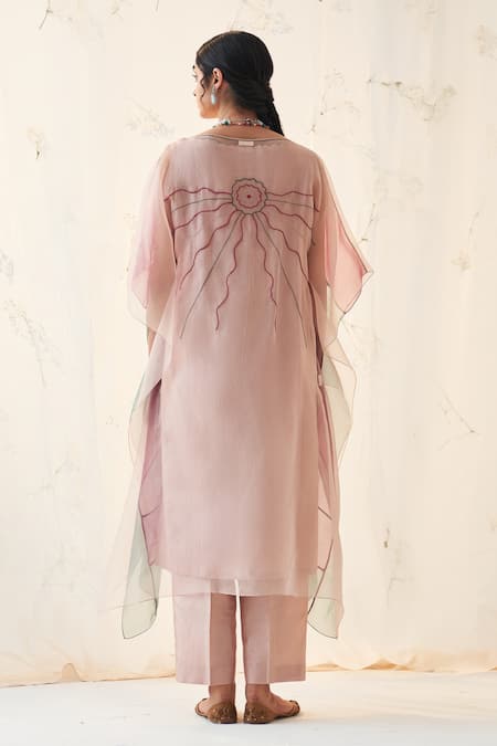 Shop Janki India Multi Color Organza, Silk, Cotton Embroidery Round Neck Rose Gold Kaftan Set at Aza Fashions Shop_Janki India_Multi Color Organza, Silk, Cotton Embroidery Round Neck Rose Gold Kaftan Set _at_Aza_Fashions
