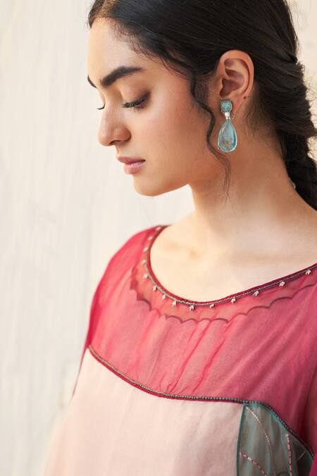 Shop Janki India Multi Color Organza, Silk, Cotton Embroidery Round Neck Rose Gold Kaftan Set Online at Aza Fashions Shop_Janki India_Multi Color Organza, Silk, Cotton Embroidery Round Neck Rose Gold Kaftan Set _Online_at_Aza_Fashions