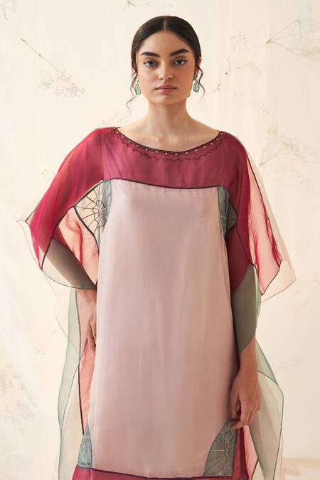 Janki India Multi Color Organza, Silk, Cotton Embroidery Round Neck Rose Gold Kaftan Set at Aza Fashions Janki India_Multi Color Organza, Silk, Cotton Embroidery Round Neck Rose Gold Kaftan Set _at_Aza_Fashions