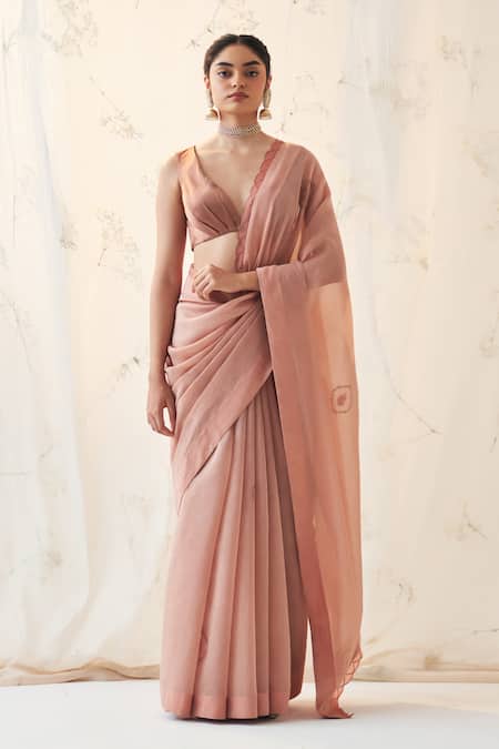 JANKI INDIA Peach Chanderi Saree Set 