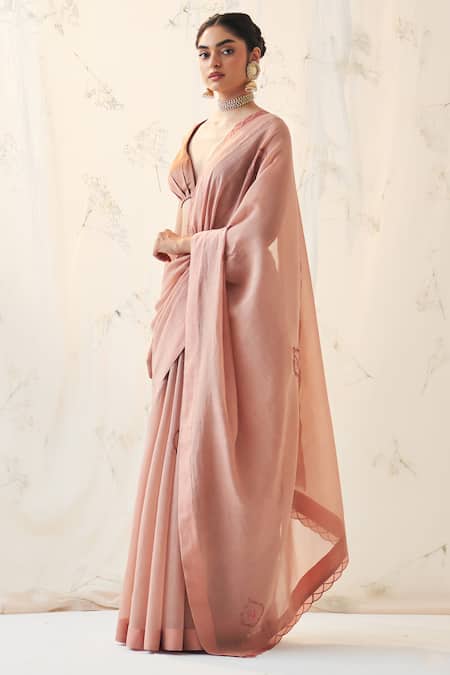 Janki India Peach Chanderi, Silk, Cotton V-neck Embroidered Saree With Blouse Online at Aza Fashions Janki India_Peach Chanderi, Silk, Cotton V-neck Embroidered Saree With Blouse _Online_at_Aza_Fashions