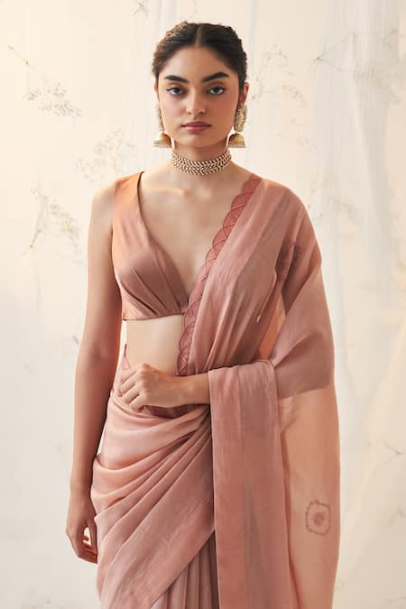 Buy Janki India Peach Chanderi, Silk, Cotton V-neck Embroidered Saree With Blouse Online at Aza Fashions Buy_Janki India_Peach Chanderi, Silk, Cotton V-neck Embroidered Saree With Blouse _Online_at_Aza_Fashions