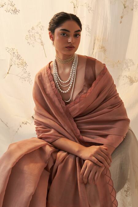 Shop Janki India Peach Chanderi, Silk, Cotton V-neck Embroidered Saree With Blouse Online at Aza Fashions Shop_Janki India_Peach Chanderi, Silk, Cotton V-neck Embroidered Saree With Blouse _Online_at_Aza_Fashions