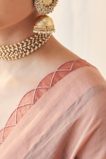 Buy Janki India Peach Chanderi, Silk, Cotton V-neck Embroidered Saree With Blouse Buy_Janki India_Peach Chanderi, Silk, Cotton V-neck Embroidered Saree With Blouse