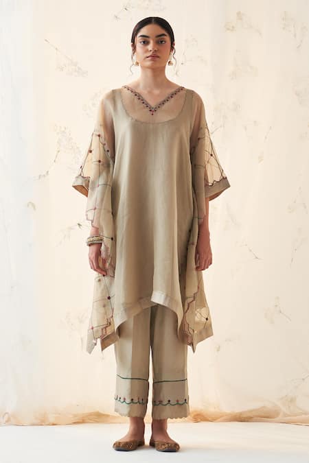 JANKI INDIA Olive Green Organza, Silk Embroidery V-neck Kaftan Set 