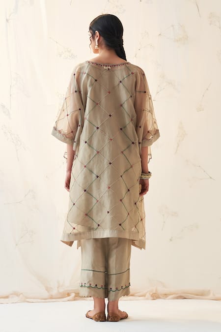 Shop Janki India Olive Green Organza, Silk Embroidery V-neck Kaftan Set at Aza Fashions Shop_Janki India_Olive Green Organza, Silk Embroidery V-neck Kaftan Set _at_Aza_Fashions