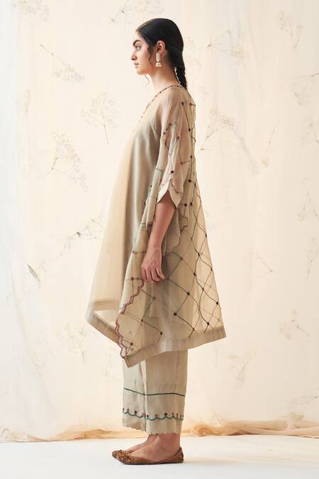 Janki India Olive Green Organza, Silk Embroidery V-neck Kaftan Set Online at Aza Fashions Janki India_Olive Green Organza, Silk Embroidery V-neck Kaftan Set _Online_at_Aza_Fashions