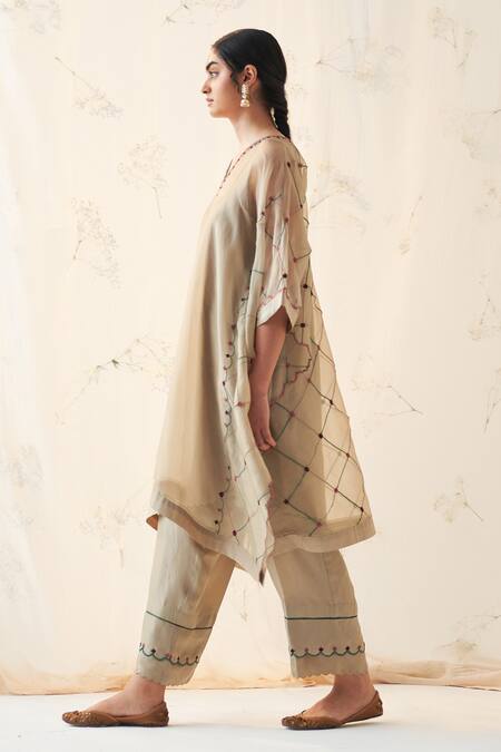 Buy Janki India Olive Green Organza, Silk Embroidery V-neck Kaftan Set Online at Aza Fashions Buy_Janki India_Olive Green Organza, Silk Embroidery V-neck Kaftan Set _Online_at_Aza_Fashions