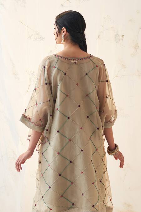 Shop Janki India Olive Green Organza, Silk Embroidery V-neck Kaftan Set Online at Aza Fashions Shop_Janki India_Olive Green Organza, Silk Embroidery V-neck Kaftan Set _Online_at_Aza_Fashions