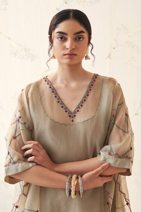 Janki India Olive Green Organza, Silk Embroidery V-neck Kaftan Set at Aza Fashions Janki India_Olive Green Organza, Silk Embroidery V-neck Kaftan Set _at_Aza_Fashions