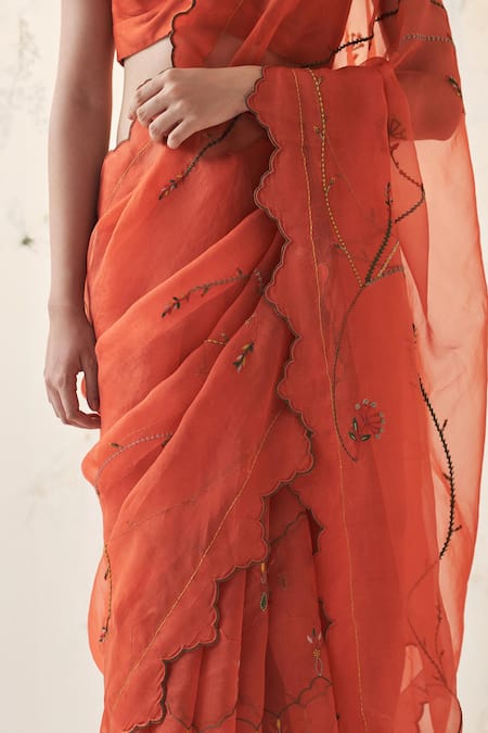 Janki India_Orange Organza, Chanderi, Cotton Embroidery V-neck Saree With Blouse _Online_at_Aza_Fashions