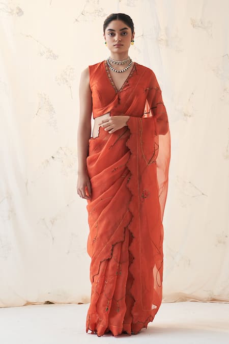 JANKI INDIA Orange Organza Saree with Chanderi Blouse 