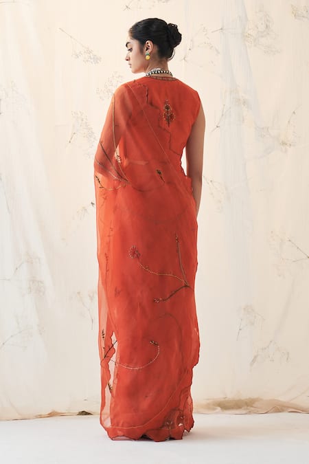 Janki India Orange Embroidered Saree With Blouse 
