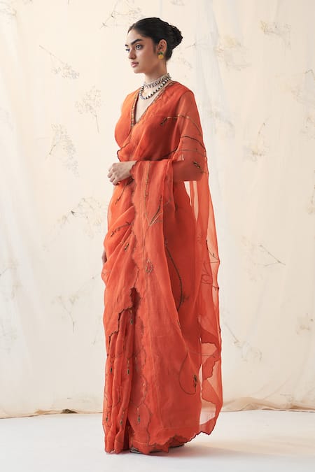 Buy_Janki India_Orange Organza, Chanderi, Cotton Embroidery V-neck Saree With Blouse _Online_at_Aza_Fashions
