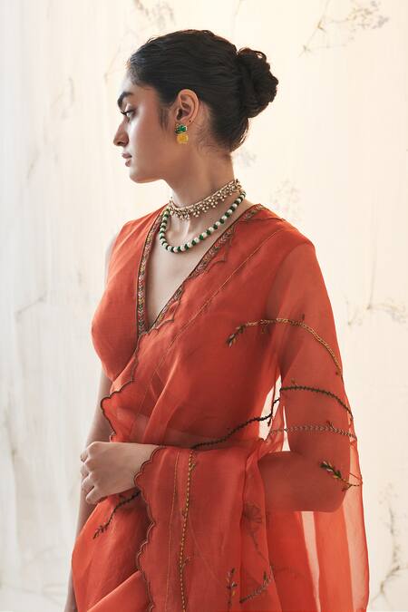 Shop_Janki India_Orange Organza, Chanderi, Cotton Embroidery V-neck Saree With Blouse _Online_at_Aza_Fashions