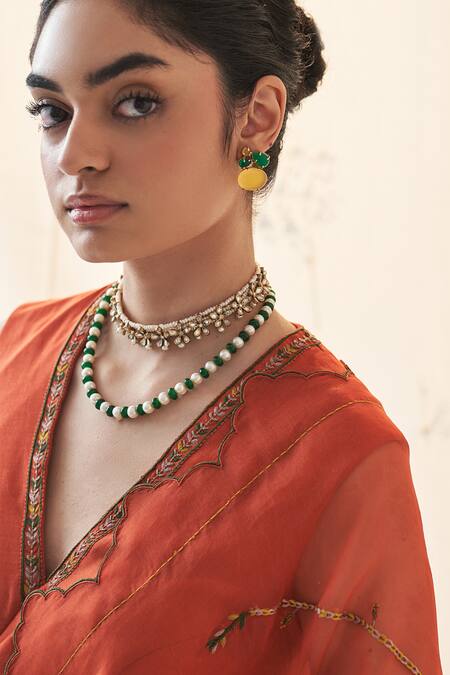 Janki India_Orange Organza, Chanderi, Cotton Embroidery V-neck Saree With Blouse _at_Aza_Fashions
