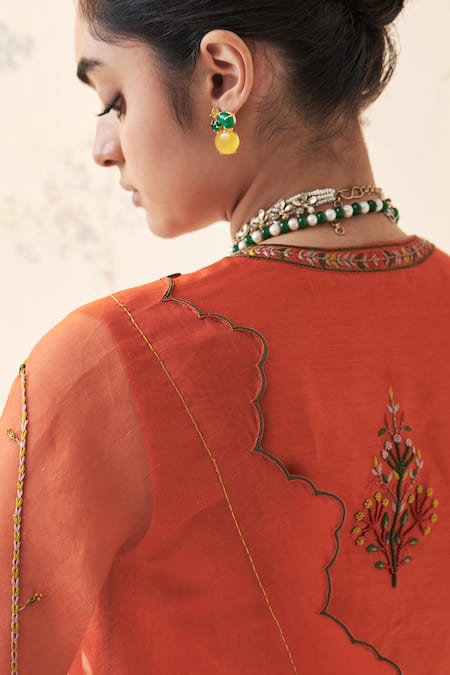 Buy_Janki India_Orange Organza, Chanderi, Cotton Embroidery V-neck Saree With Blouse 