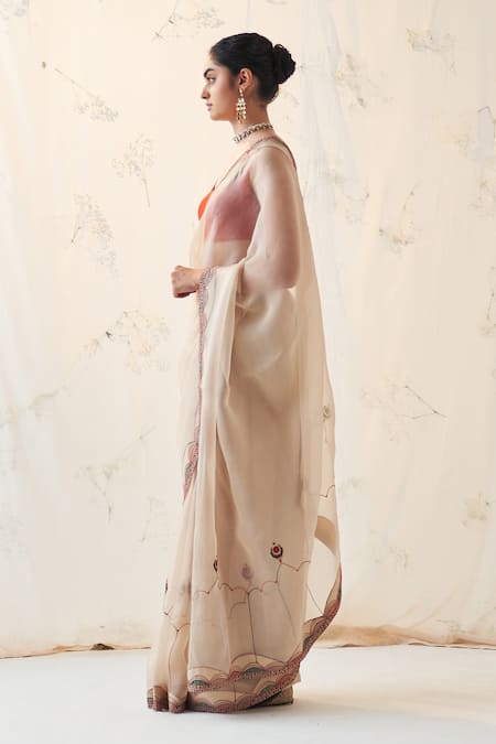 Janki India_Gold Organza, Chanderi, Cotton Embroidery Round Champagne Saree With Blouse _Online_at_Aza_Fashions